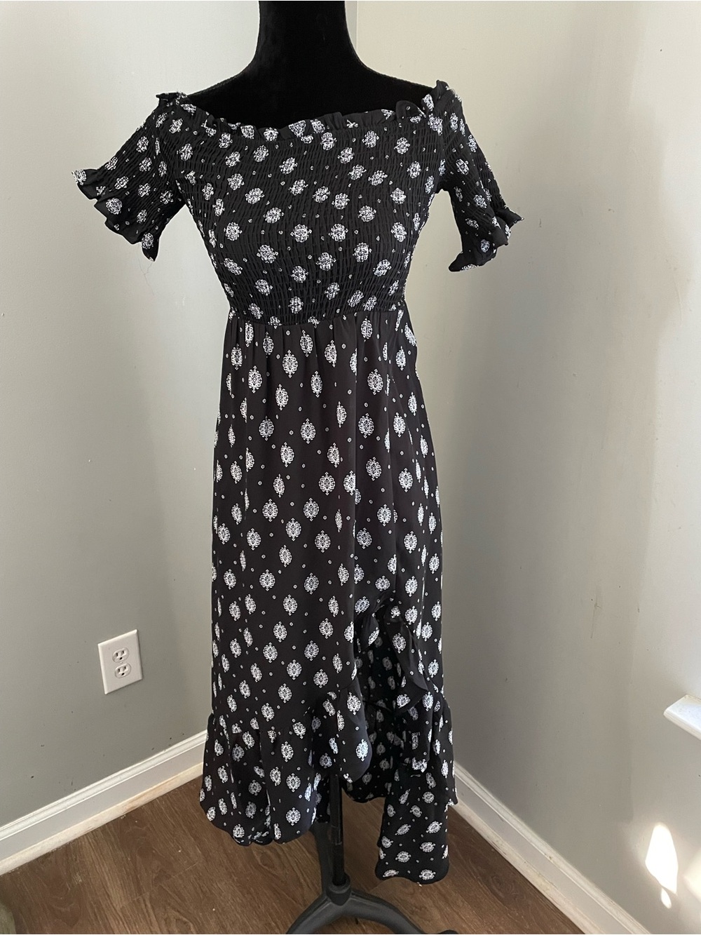 Blue Rain Black Floral Off-Shoulder Smocked Boho Midi Dress